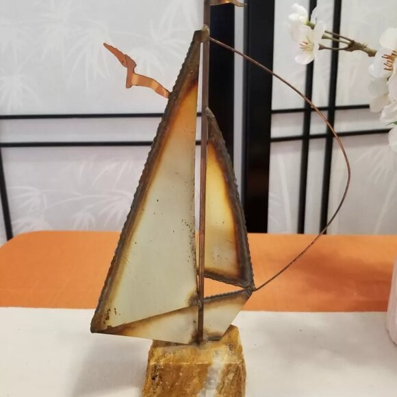 Vintage John DeMott Copper Sailboat Rock/Quartz Base Nautical Boat - Signed - Picture 3 of 3
